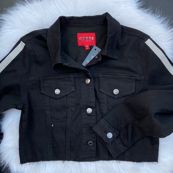 New GUESS Masha Rhinestone Denim Jacket Black SZ M - Picture 5 of 6